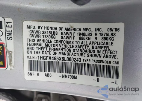 2006 Honda Civic Gx z USA, uszkodzony, nr VIN 1HGFA465X6L000243